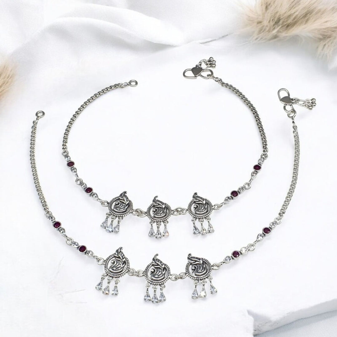 Boho style 925 Sterling Silver Pink White CZ Oxidized peacock design Anklet Pair 10"