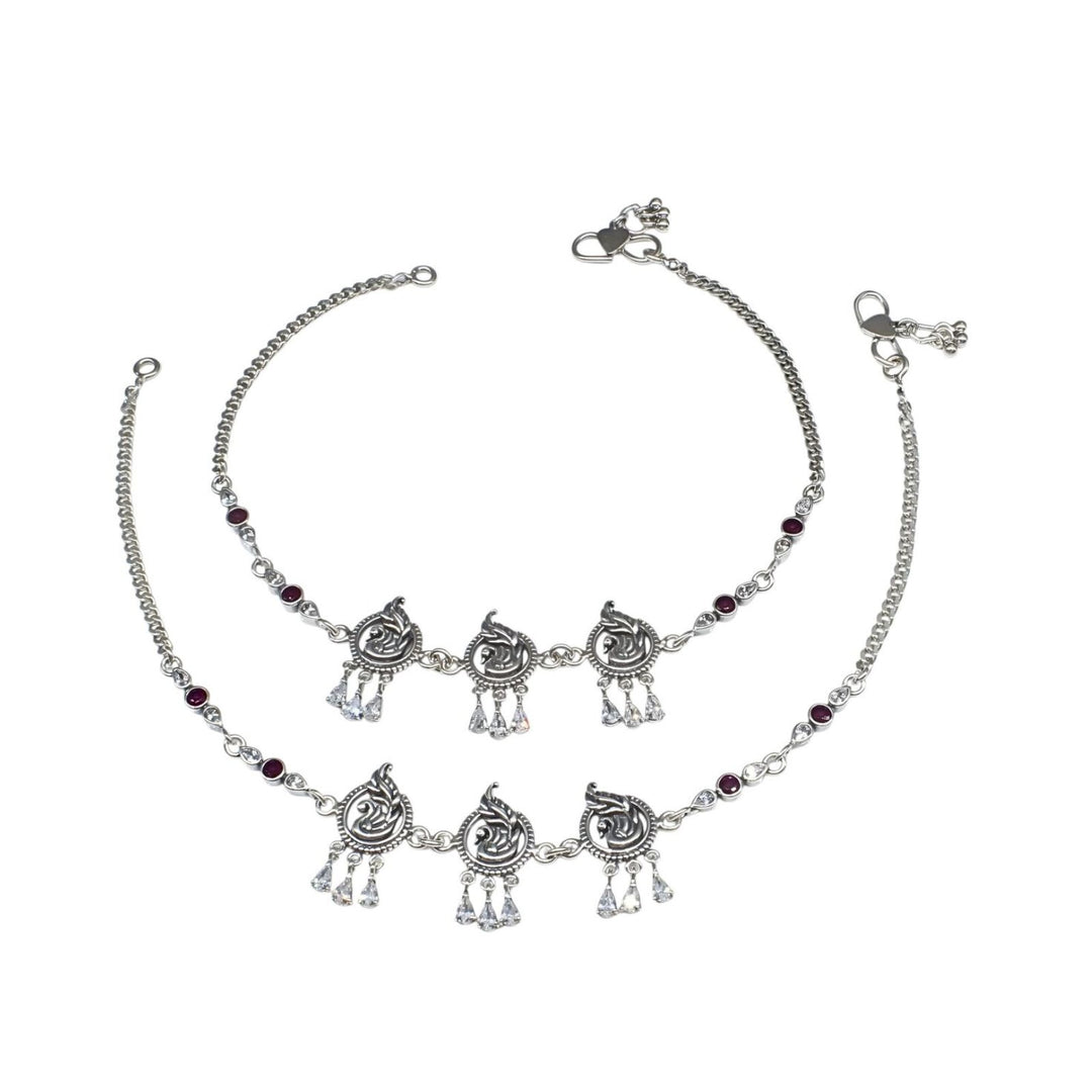 Boho style 925 Sterling Silver Pink White CZ Oxidized peacock design Anklet Pair 10"