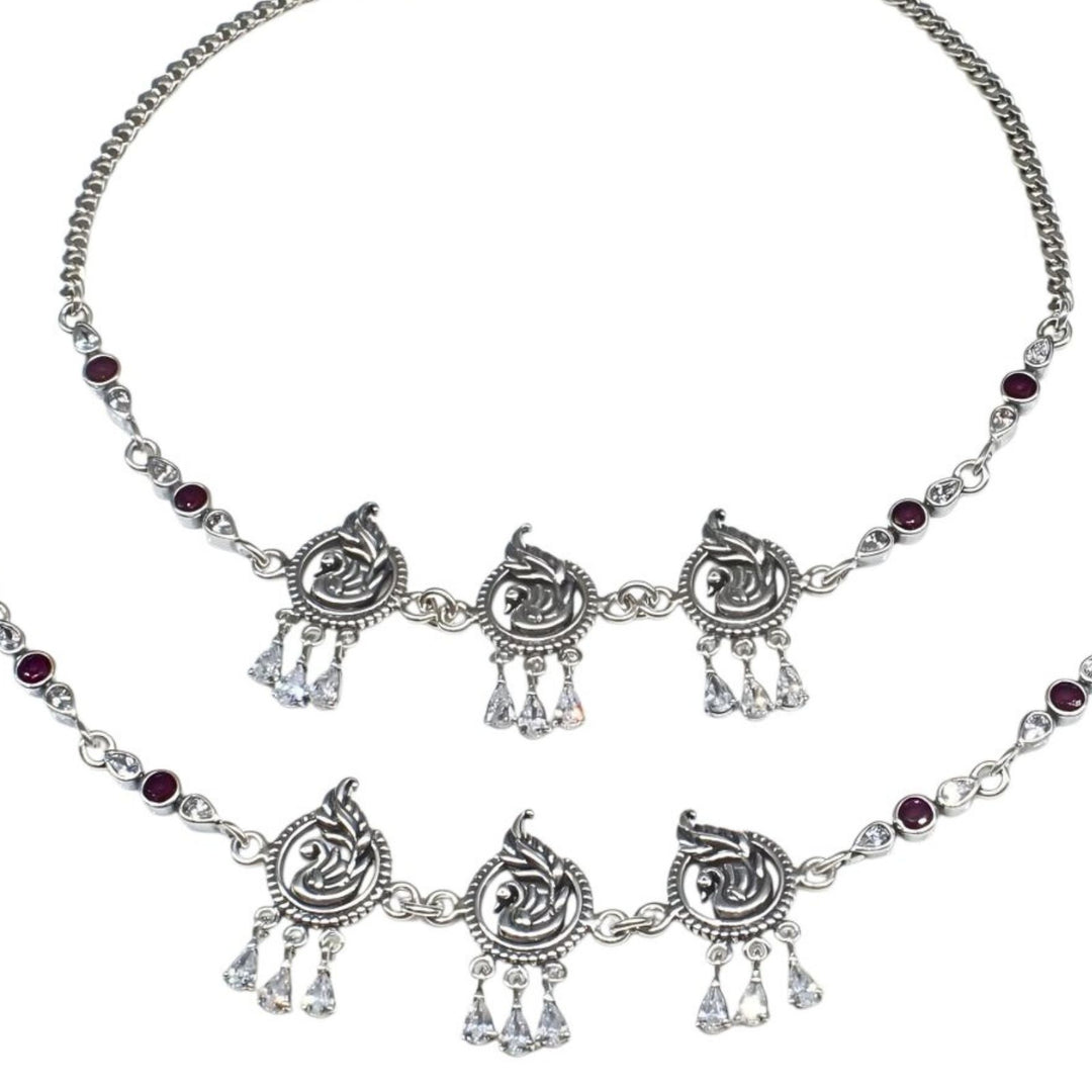 Boho style 925 Sterling Silver Pink White CZ Oxidized peacock design Anklet Pair 10"