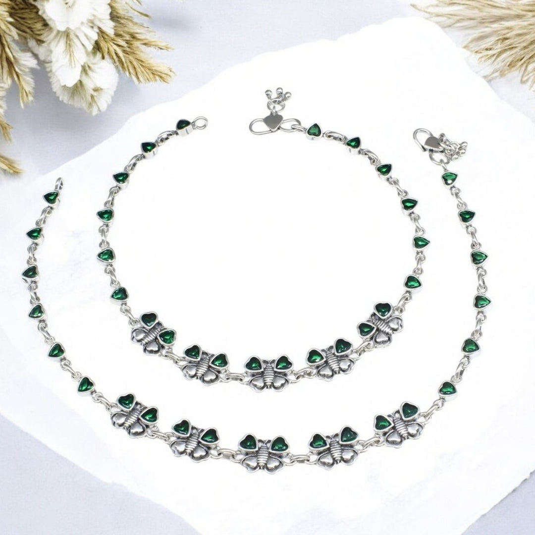 Cute Butterfly 925 Sterling Silver Green CZ Oxidized Anklet Pair 10.5"