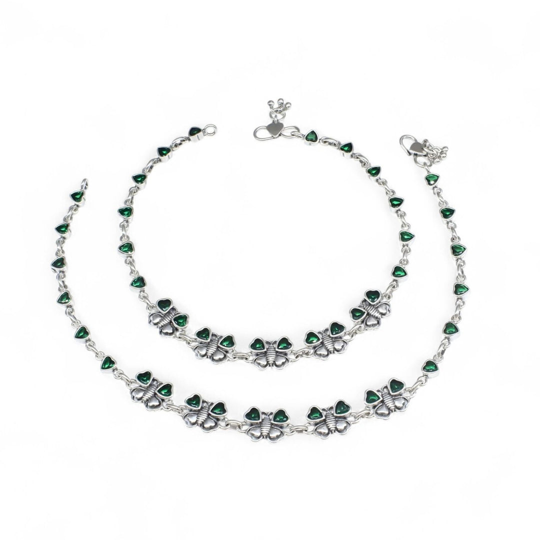 Cute Butterfly 925 Sterling Silver Green CZ Oxidized Anklet Pair 10.5"