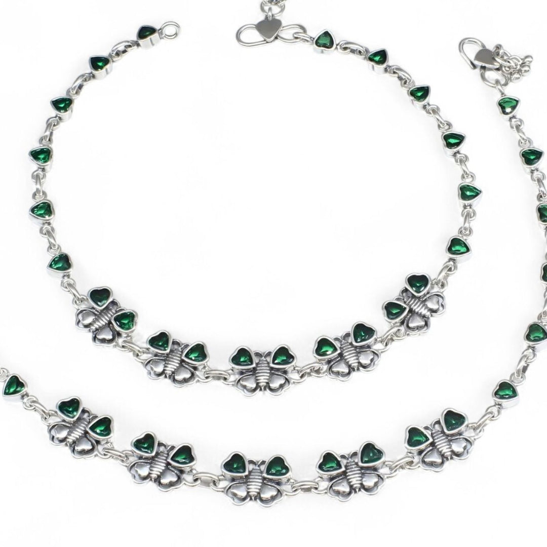 Cute Butterfly 925 Sterling Silver Green CZ Oxidized Anklet Pair 10.5"