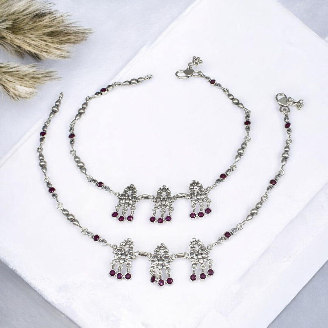 925 Sterling Silver Pink White CZ Oxidized dangle peacock Anklet Pair 10.5"