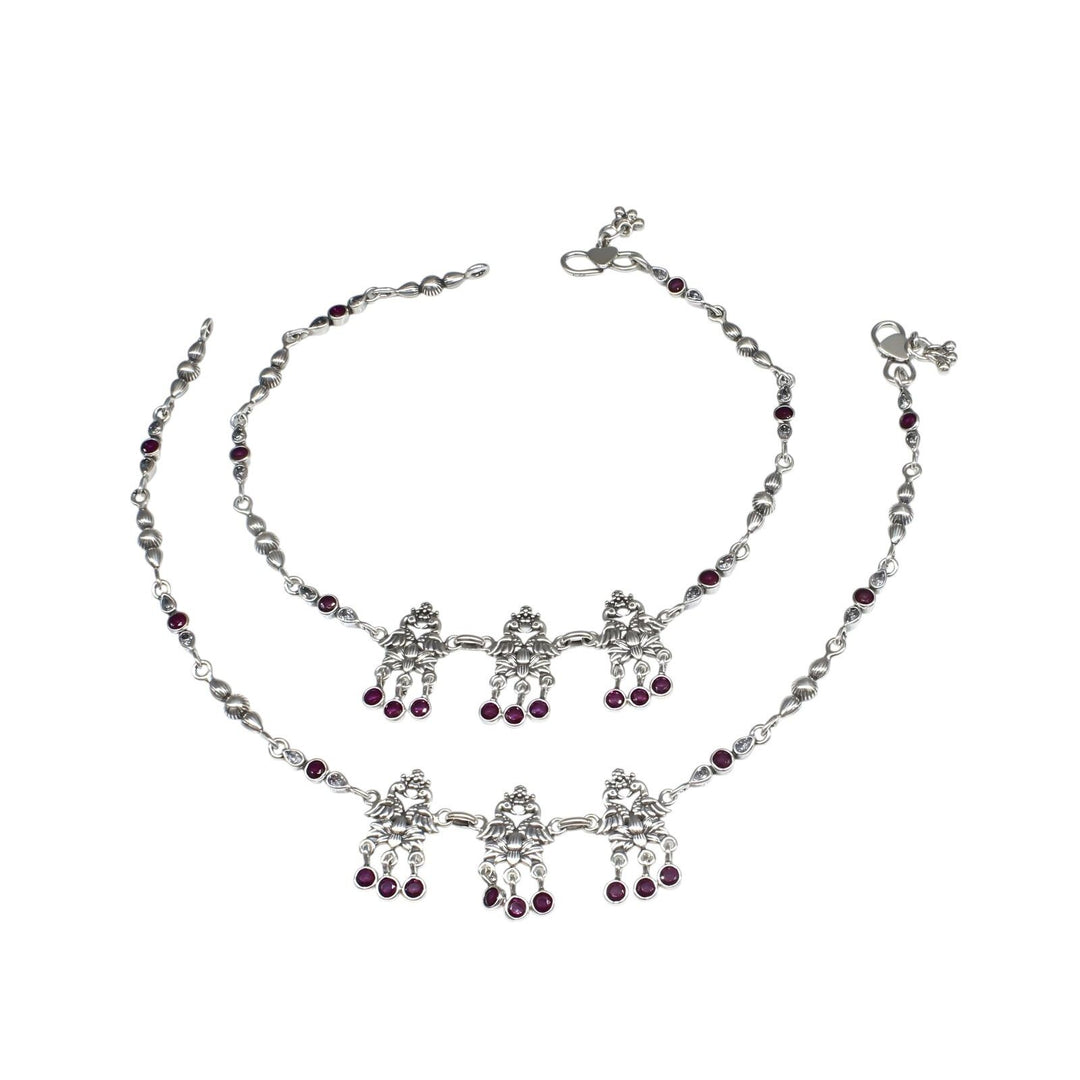 925 Sterling Silver Pink White CZ Oxidized dangle peacock Anklet Pair 10.5"