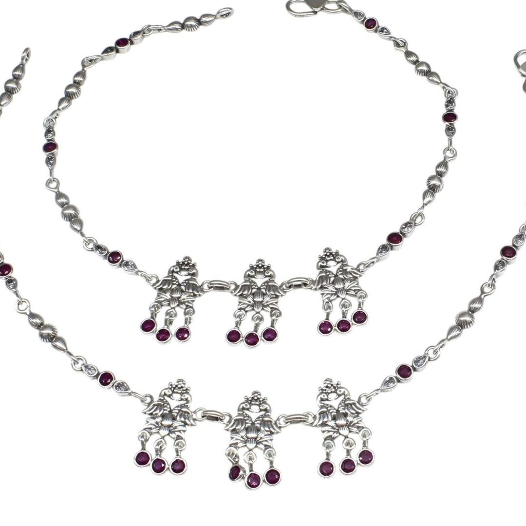 925 Sterling Silver Pink White CZ Oxidized dangle peacock Anklet Pair 10.5"