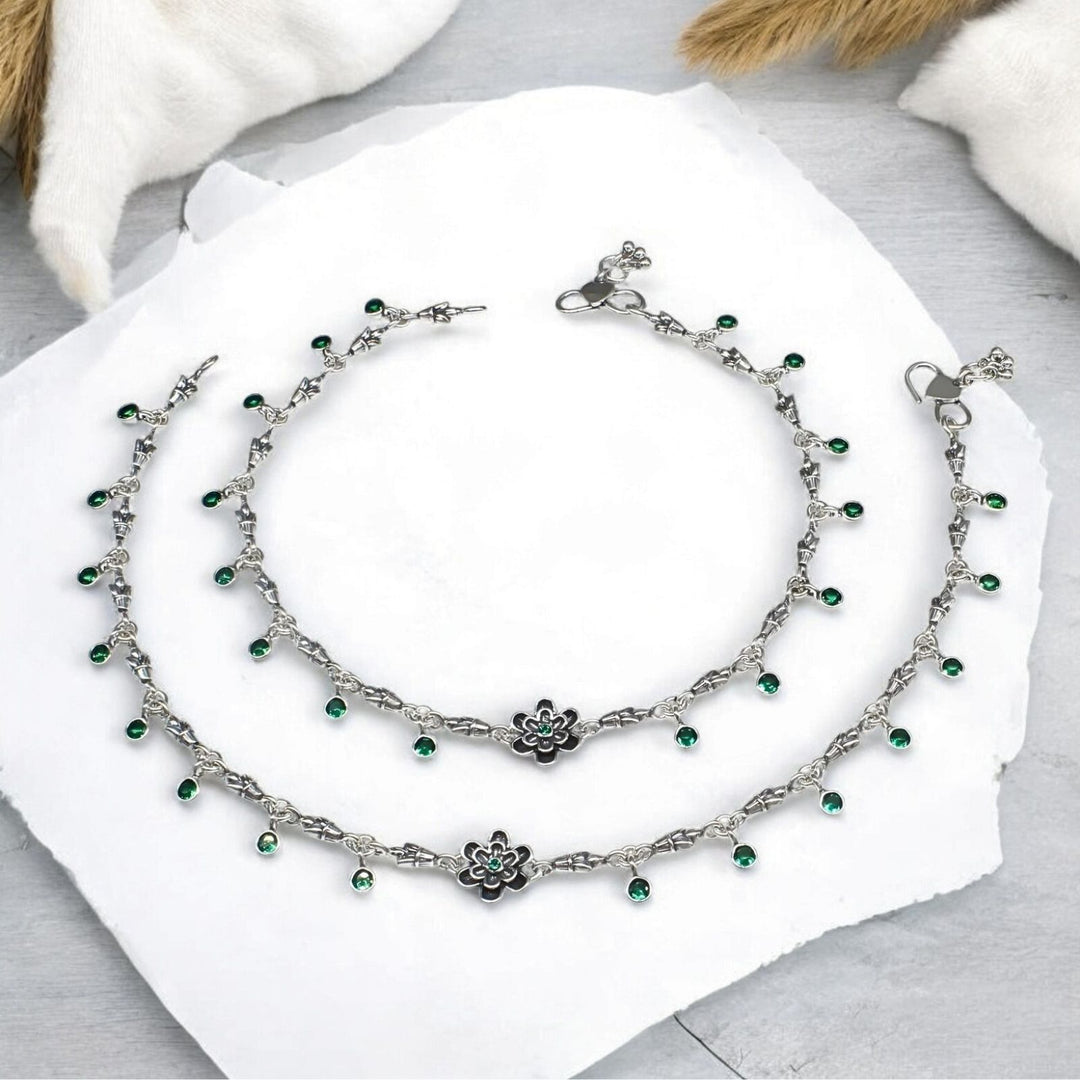 925 Sterling Silver Green CZ Oxidized Excellent floral Anklet Pair 10.3"