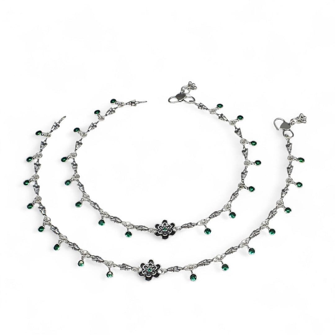 925 Sterling Silver Green CZ Oxidized Excellent floral Anklet Pair 10.3"