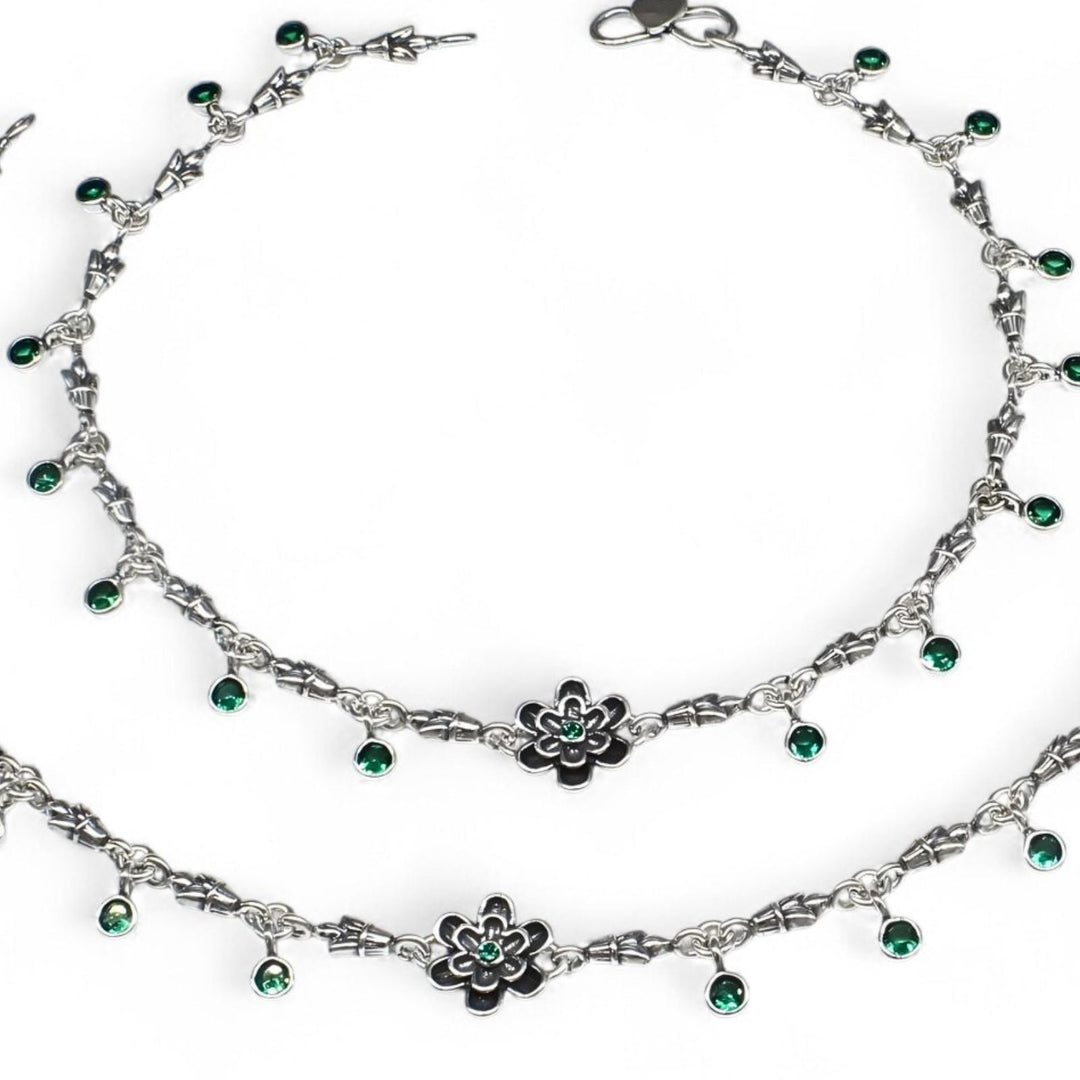 925 Sterling Silver Green CZ Oxidized Excellent floral Anklet Pair 10.3"