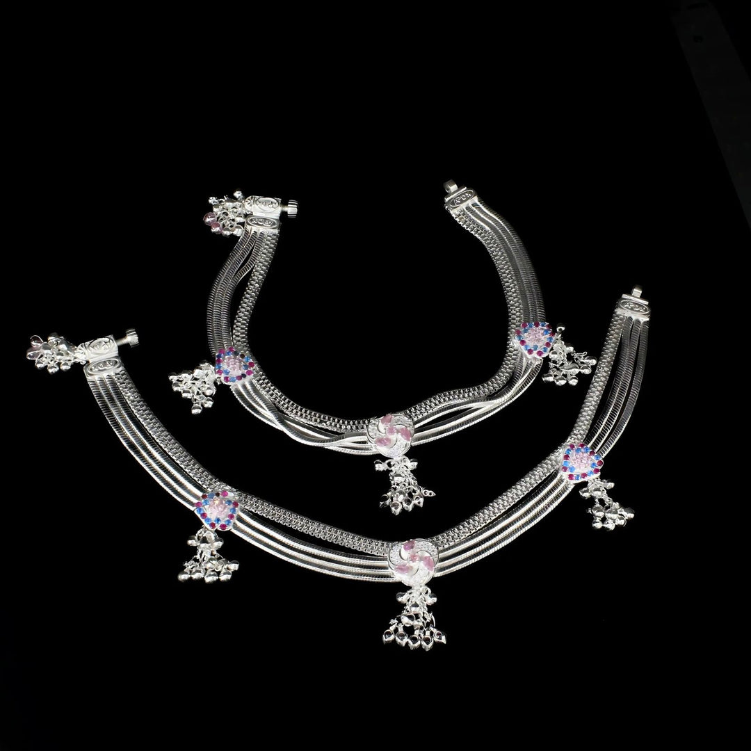 Real Silver Indian women wedding collection multi CZ Anklets Ankle Pair 10"