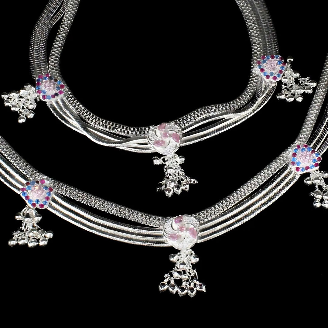 Real Silver Indian women wedding collection multi CZ Anklets Ankle Pair 10"