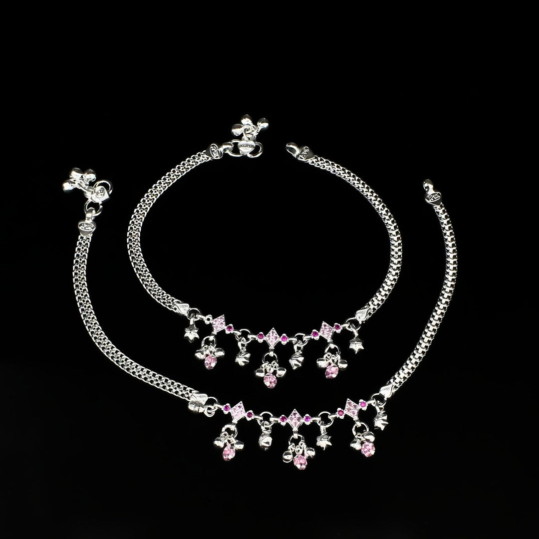 Real Silver Indian women party wear Anklets pink CZ Ankle Pair 10.3"