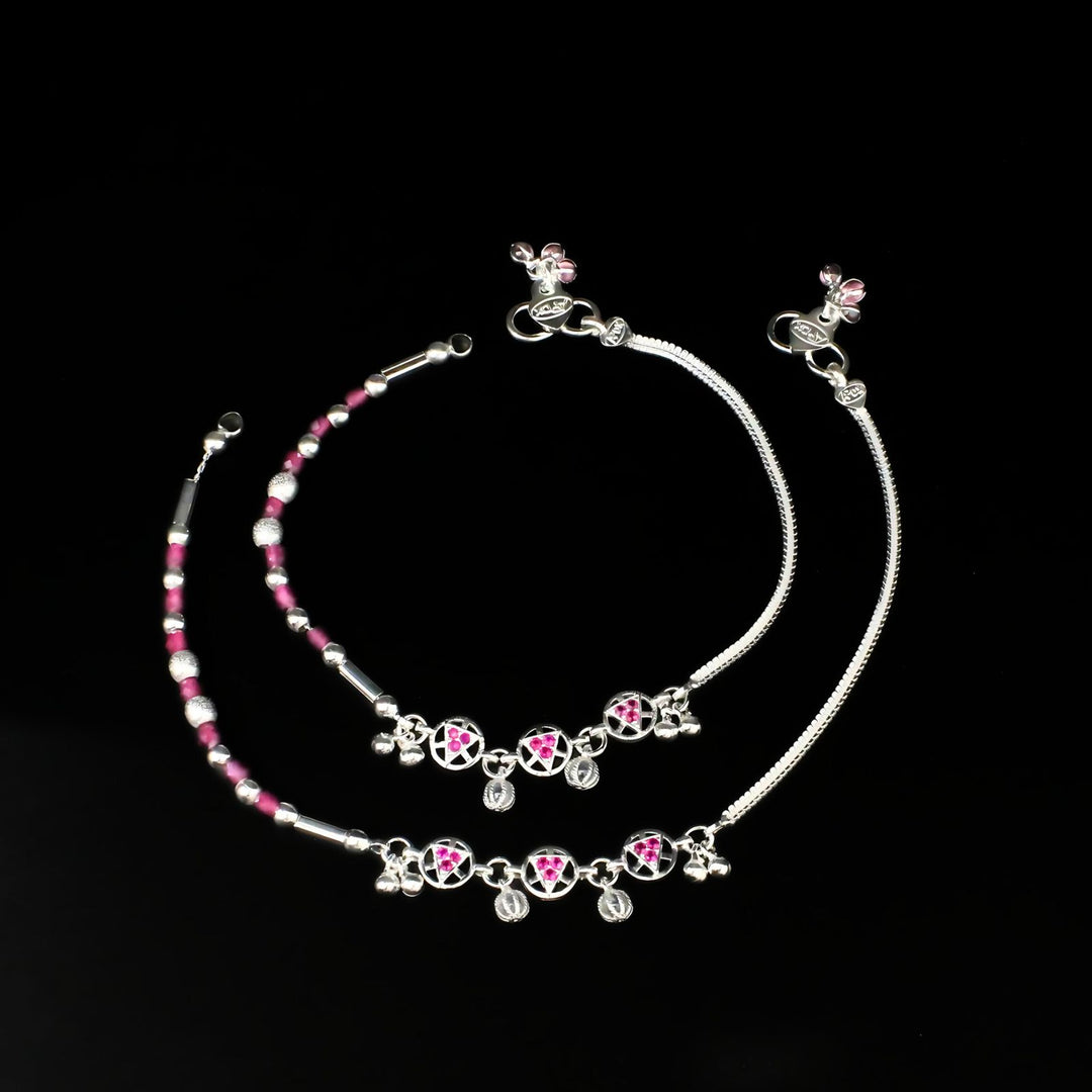 Real Silver Indian women gifting party wear pink CZ Anklets Ankle Pair 10.5"