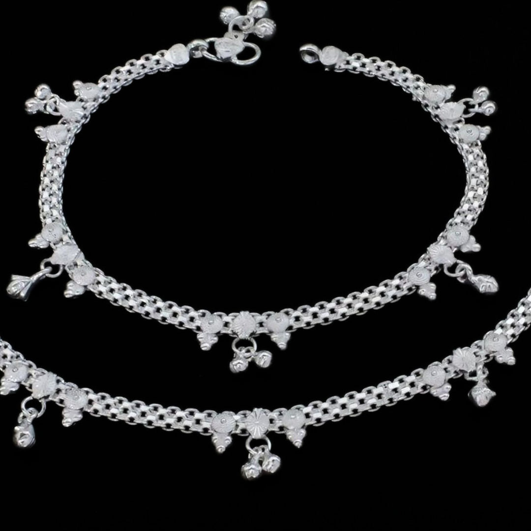 Real Sterling Silver Indian women handmade Excellent gifting Anklets Ankle Pair 10.3"