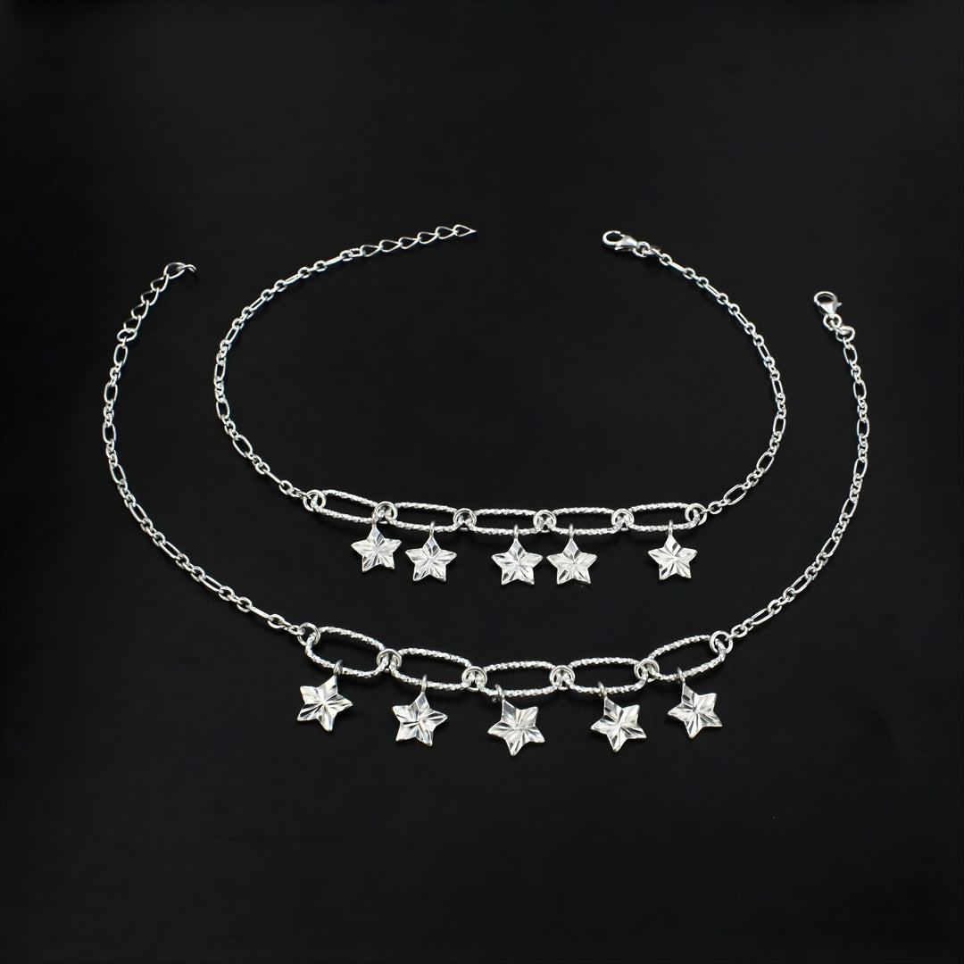 925 Sterling Silver Dazzling Stars Charm Chain Anklet Pair 10.5"