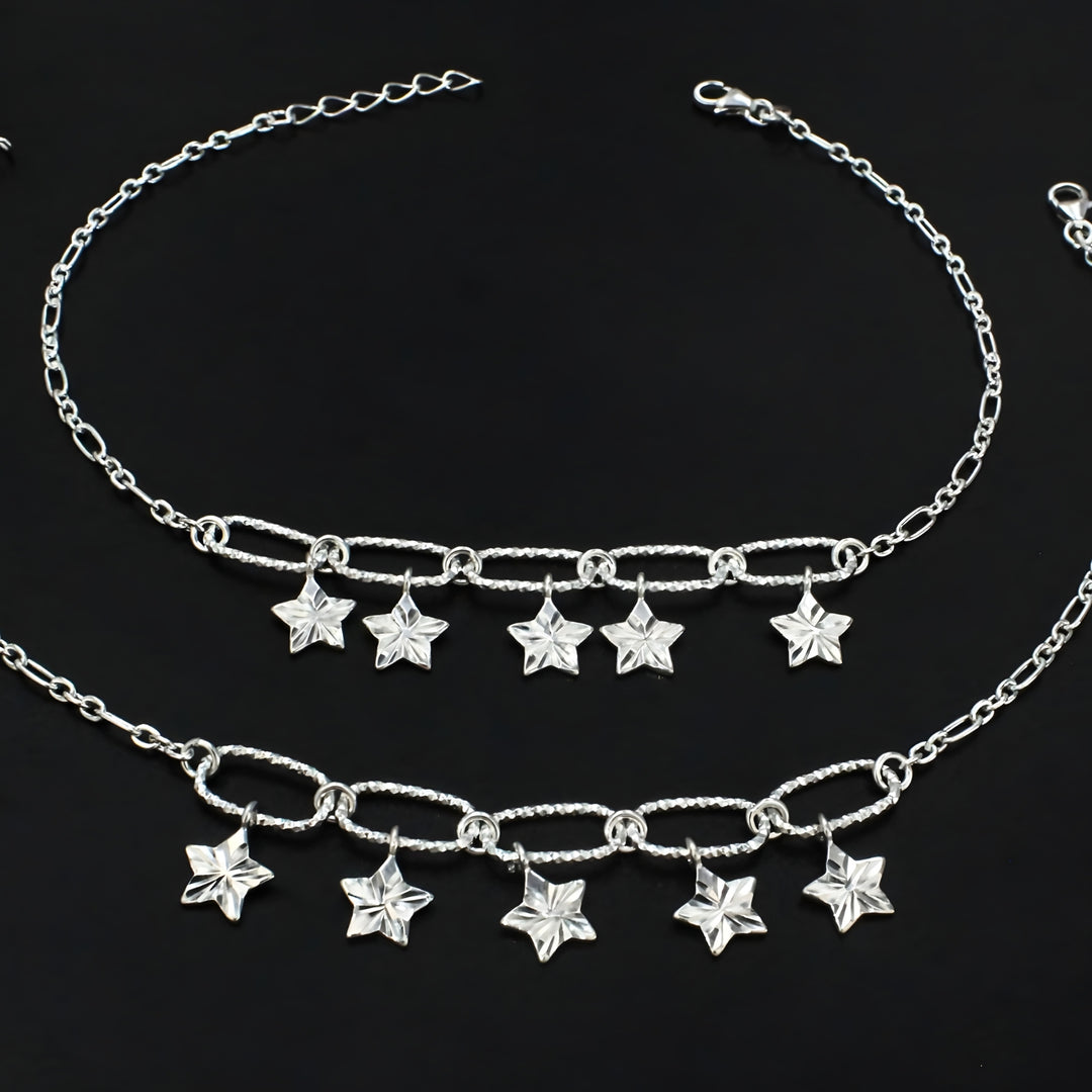 925 Sterling Silver Dazzling Stars Charm Chain Anklet Pair 10.5"