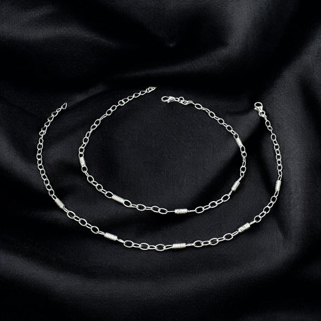 Boho style 925 Sterling Silver Oval Links Chain Anklet Pair 10.5"