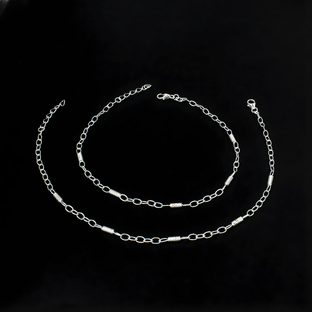 Boho style 925 Sterling Silver Oval Links Chain Anklet Pair 10.5"
