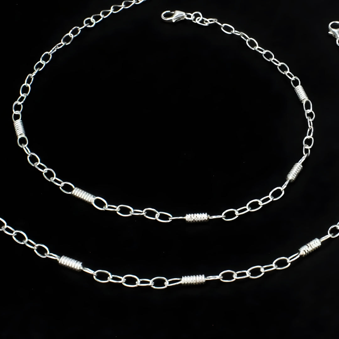 Boho style 925 Sterling Silver Oval Links Chain Anklet Pair 10.5"