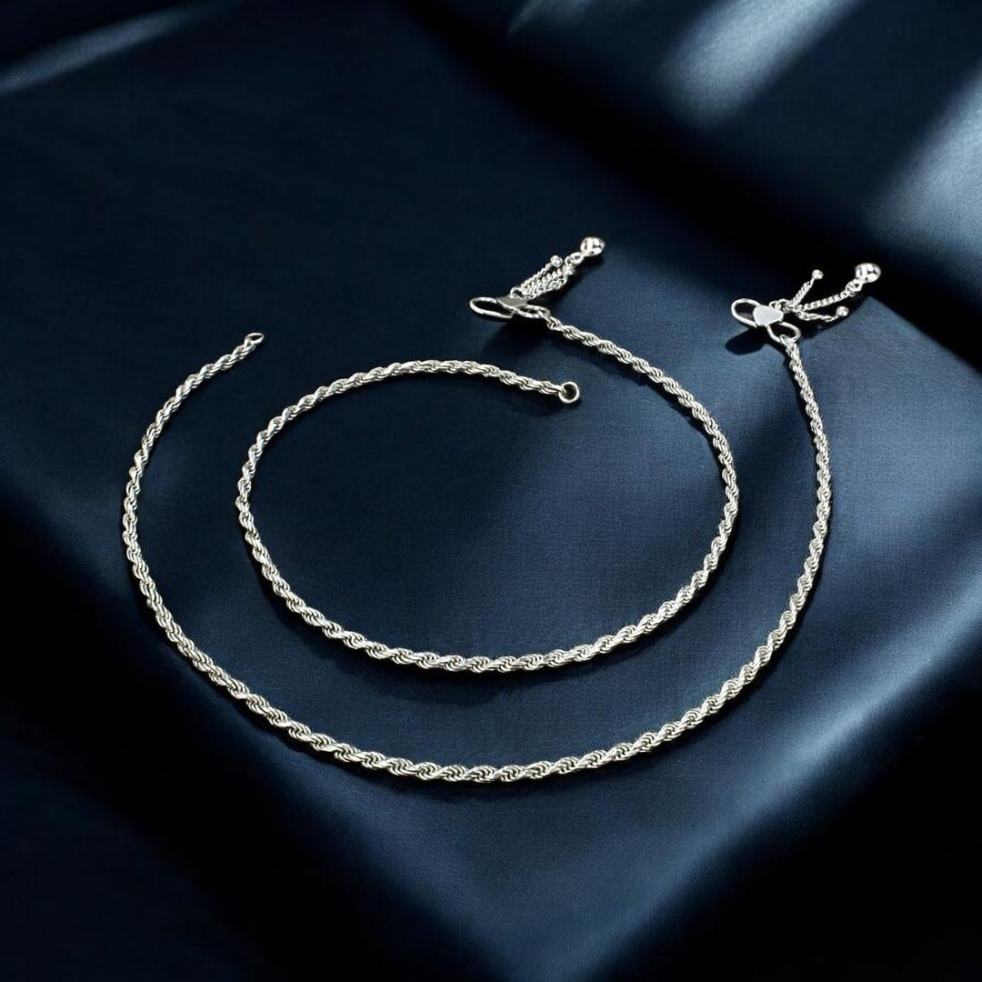 925 Sterling Silver twisted rope design women Chain Anklet Pair 10.3"