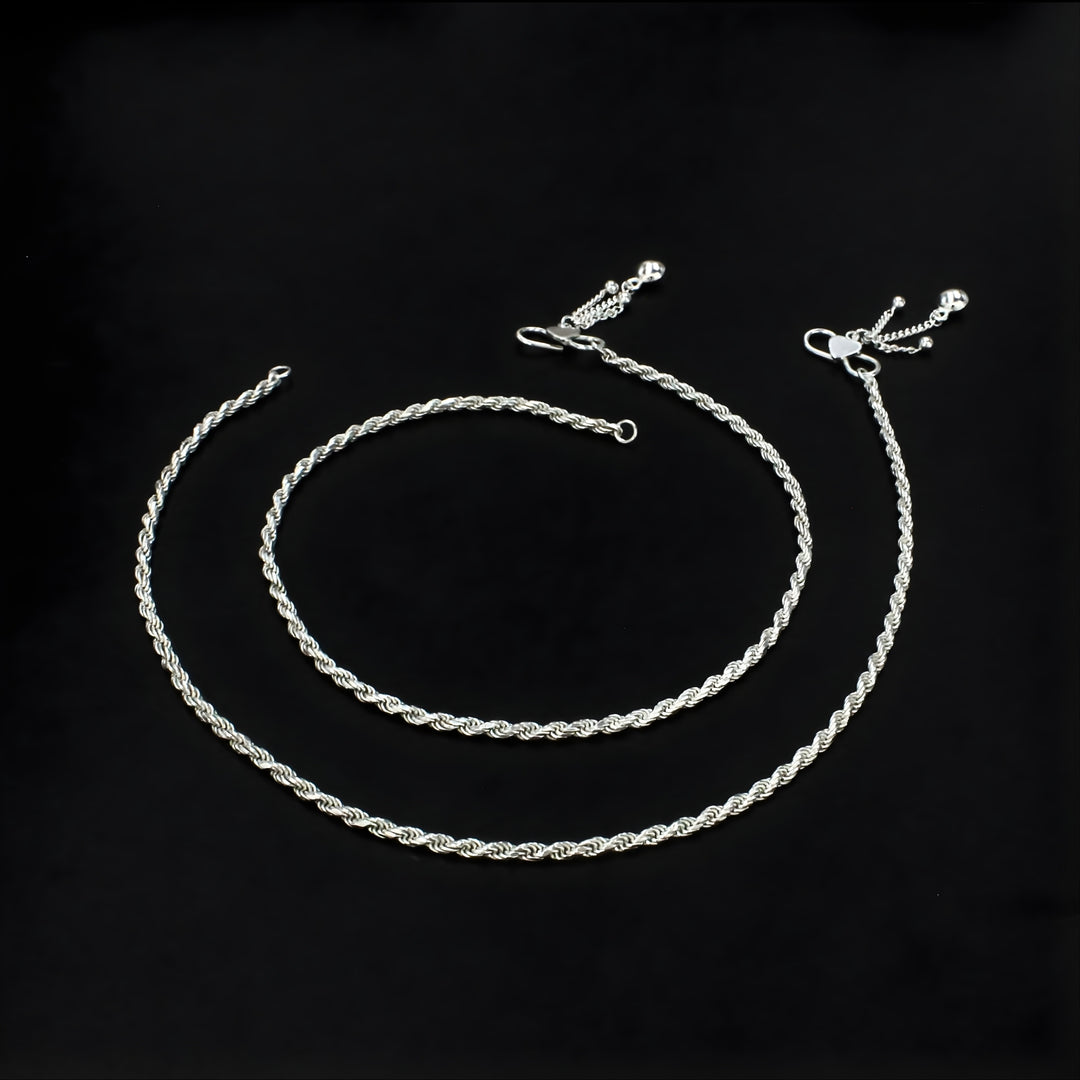 925 Sterling Silver twisted rope design women Chain Anklet Pair 10.3"