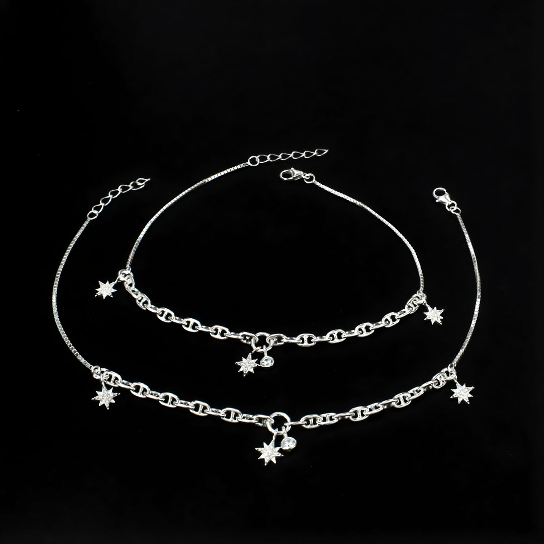 925 Sterling Silver girlish White CZ Star Charm Chain Anklet Pair 10.5"