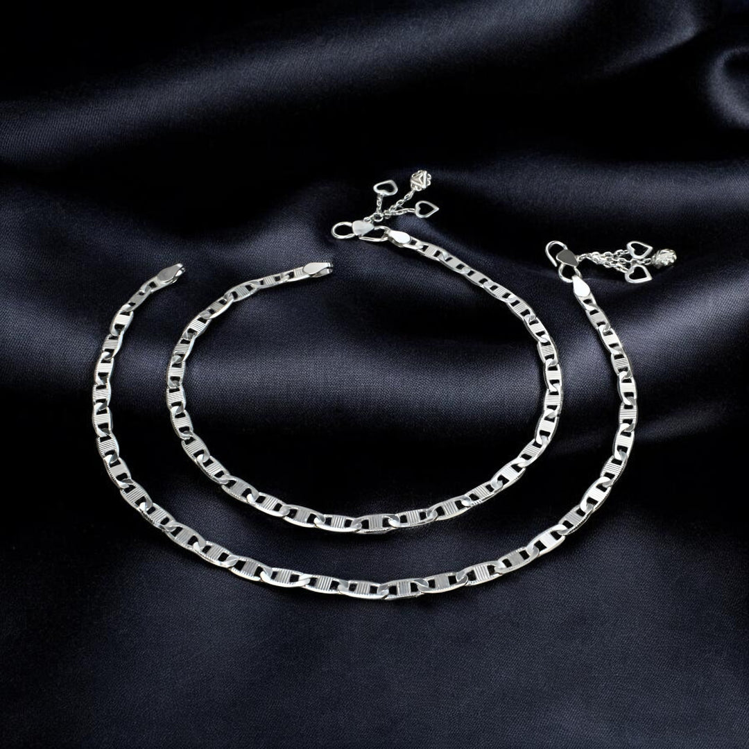 925 Sterling Silver Women Flat Mariner Link Chain Anklet Pair 10.3"