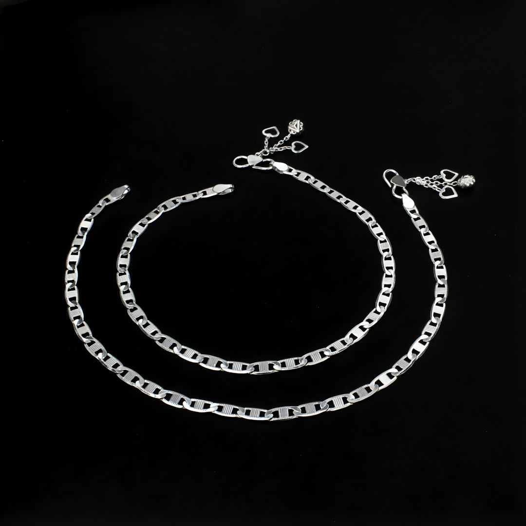 925 Sterling Silver Women Flat Mariner Link Chain Anklet Pair 10.3"