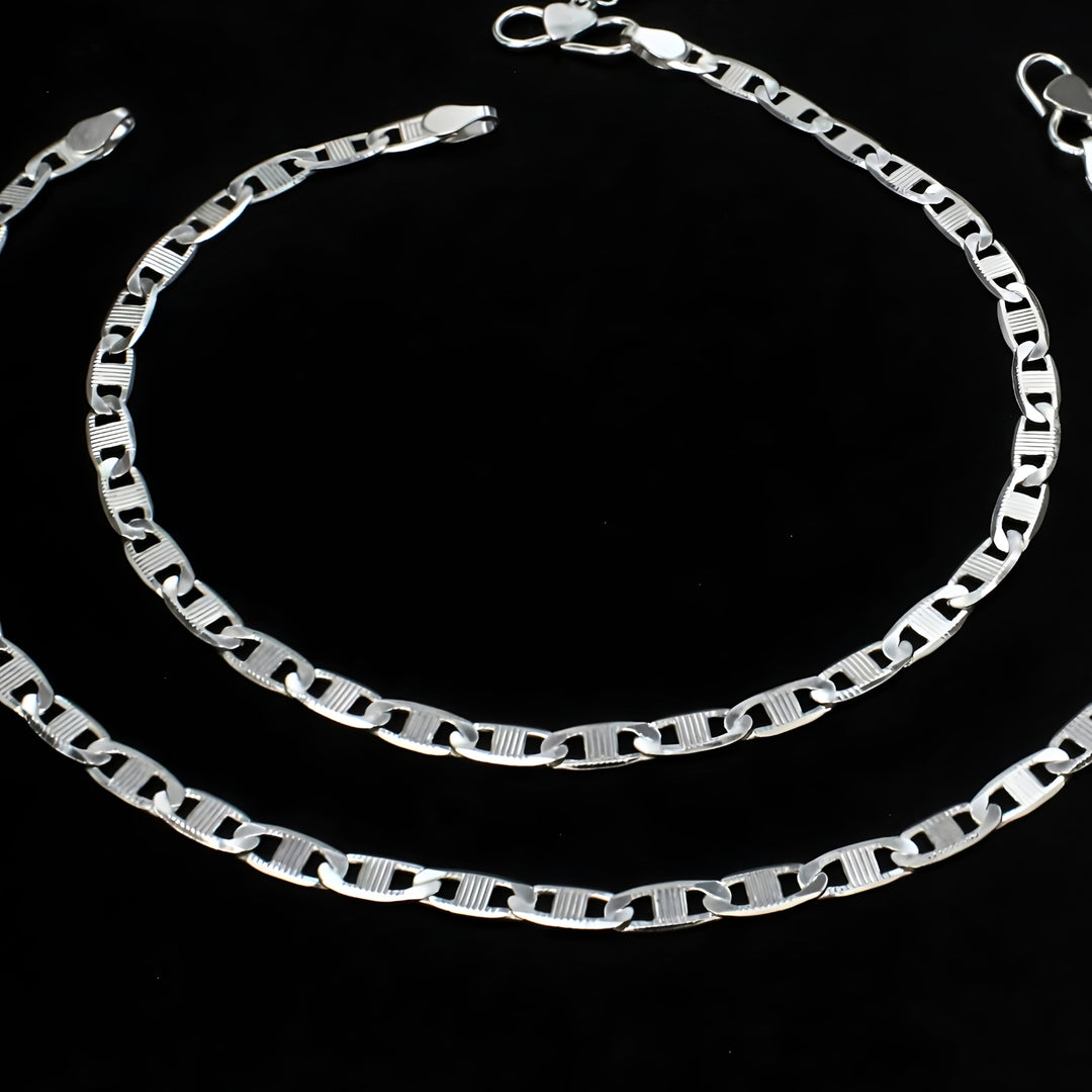 925 Sterling Silver Women Flat Mariner Link Chain Anklet Pair 10.3"