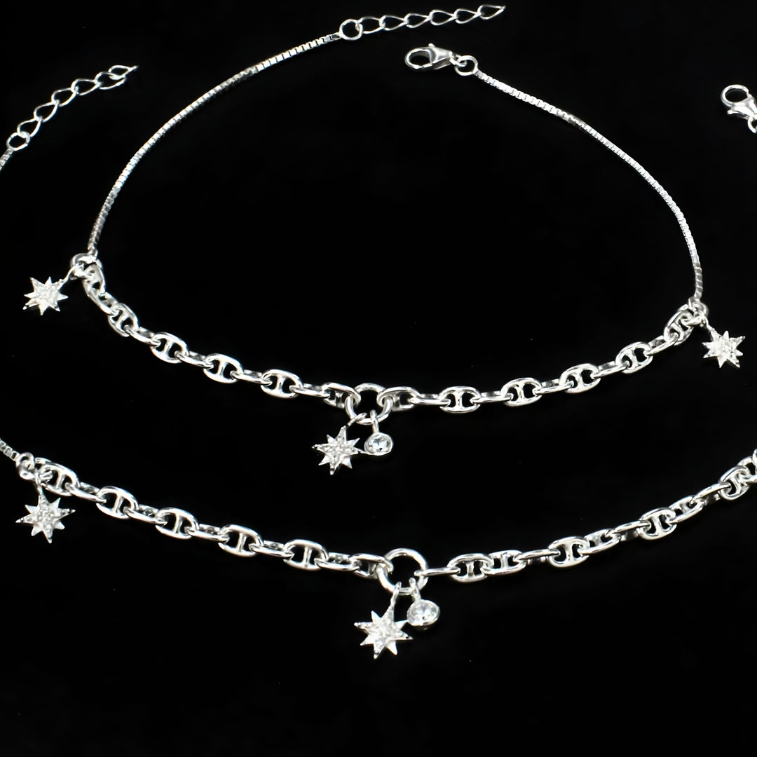 925 Sterling Silver girlish White CZ Star Charm Chain Anklet Pair 10.5"