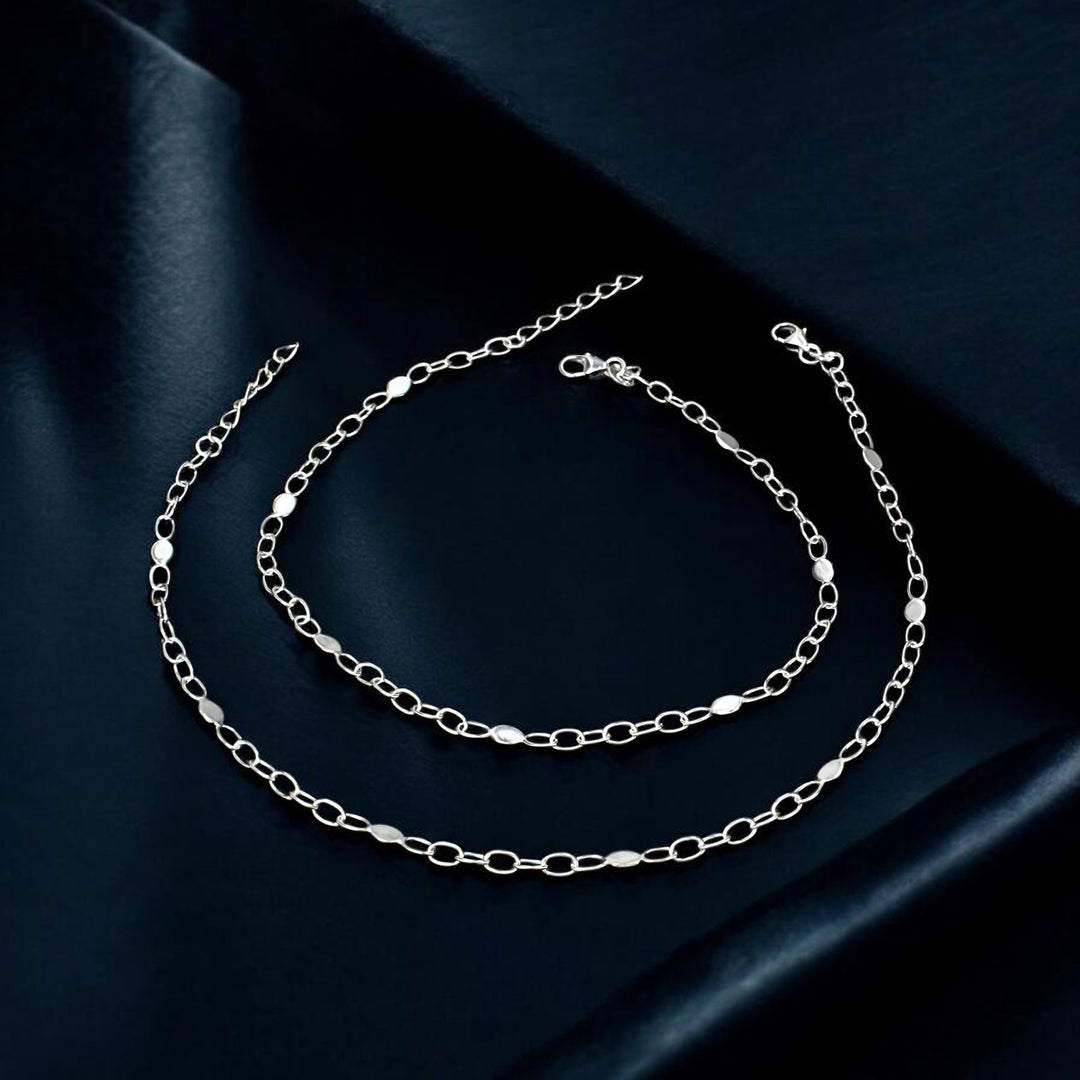 925 Sterling Silver Beach Look Chain Anklet Pair 10.5"