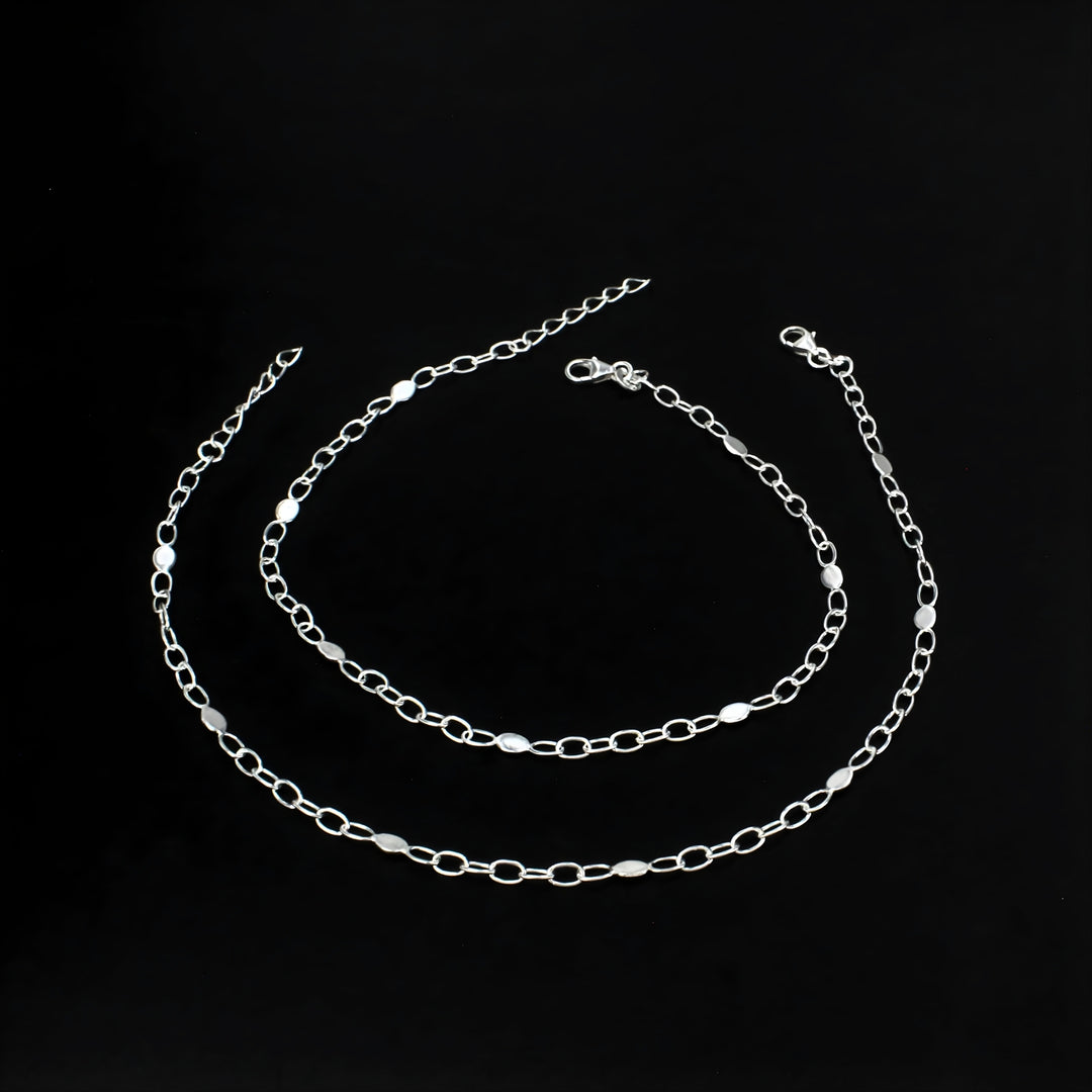 925 Sterling Silver Beach Look Chain Anklet Pair 10.5"