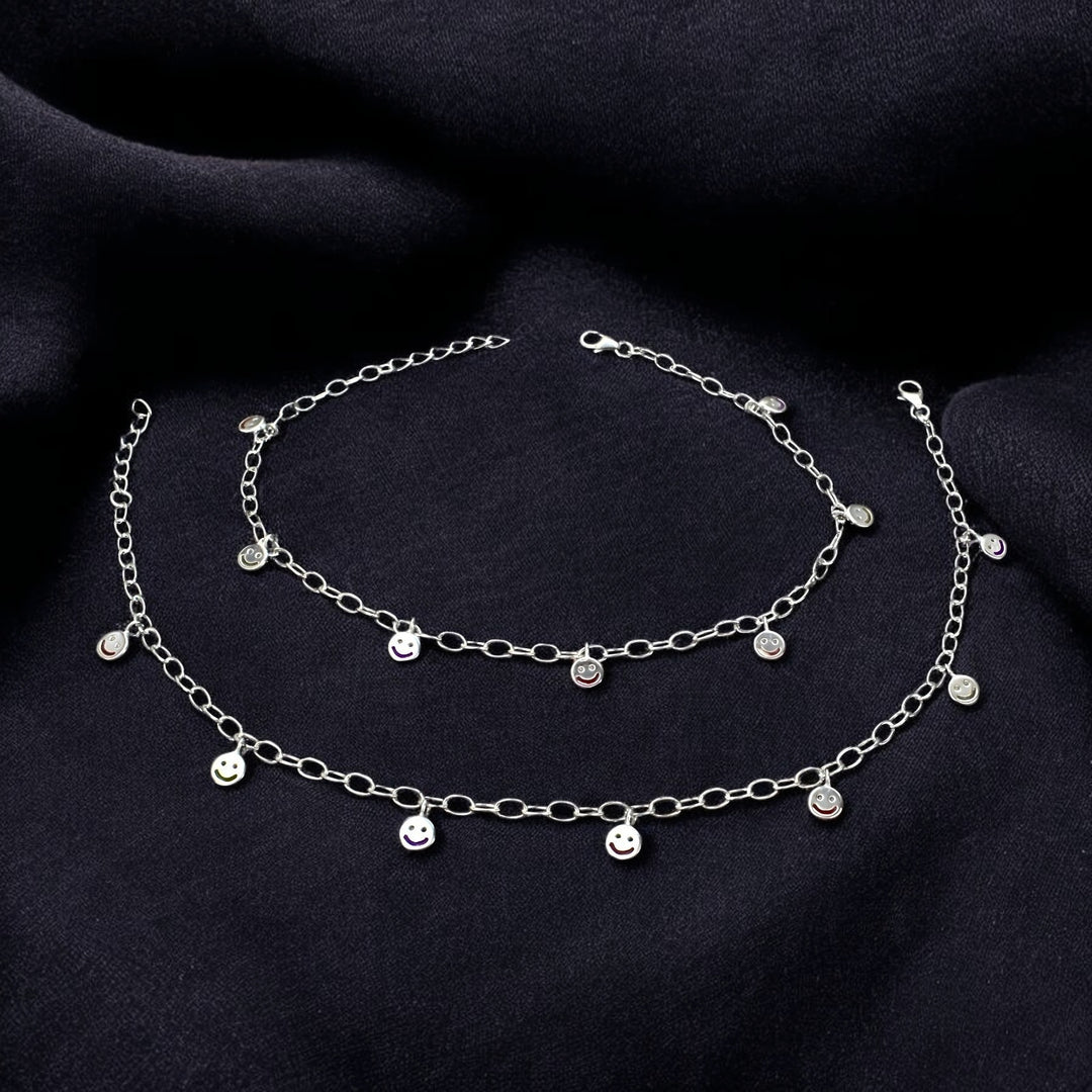 925 Sterling Silver Smiley Face Charm Chain Anklet Pair 10.4"