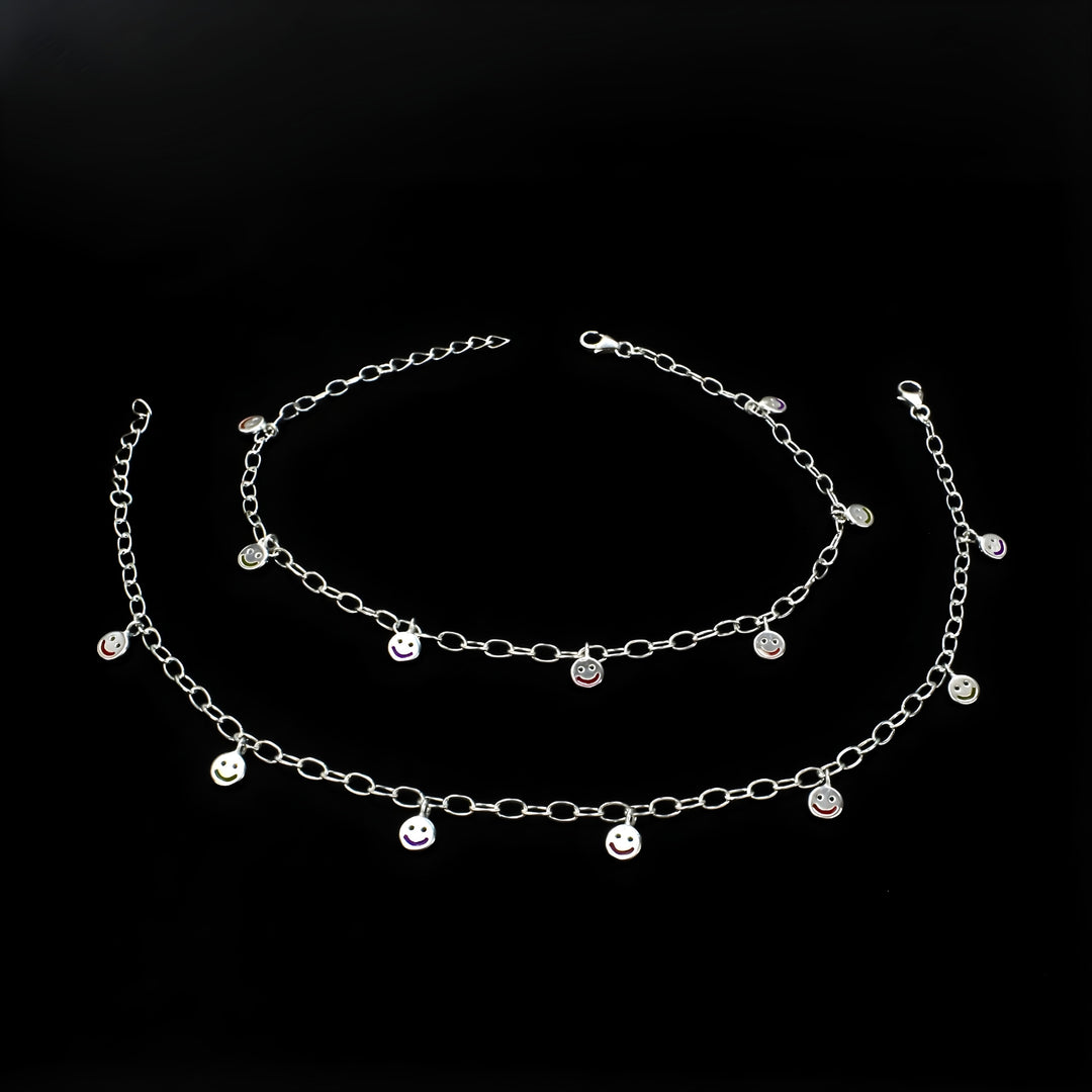925 Sterling Silver Smiley Face Charm Chain Anklet Pair 10.4"
