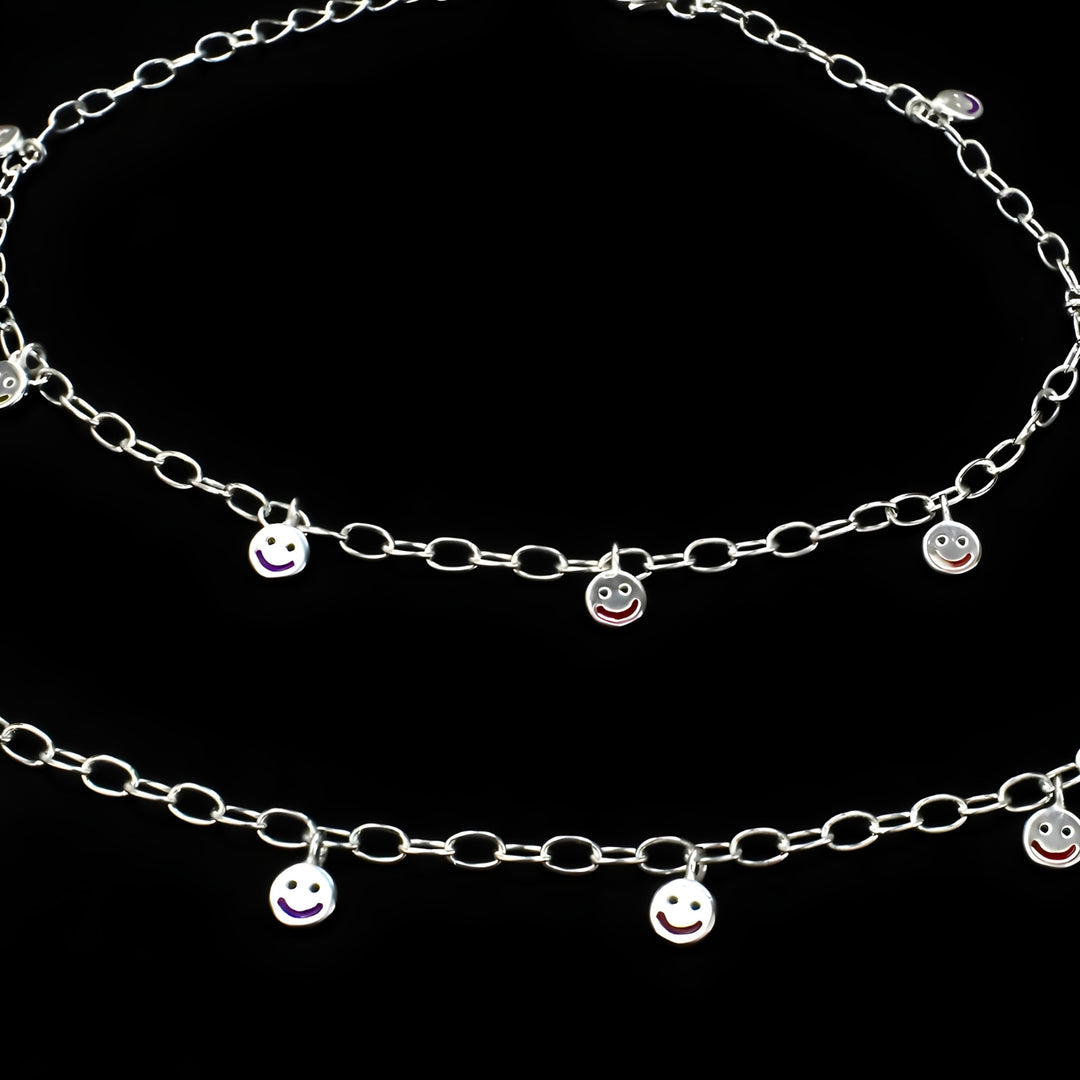 925 Sterling Silver Smiley Face Charm Chain Anklet Pair 10.4"