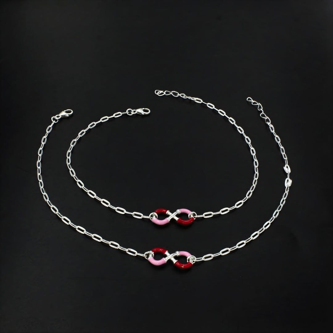 925 Sterling Silver Embellished Infinity Chain Anklet Pair 10.4"