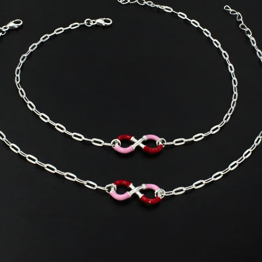 925 Sterling Silver Embellished Infinity Chain Anklet Pair 10.4"