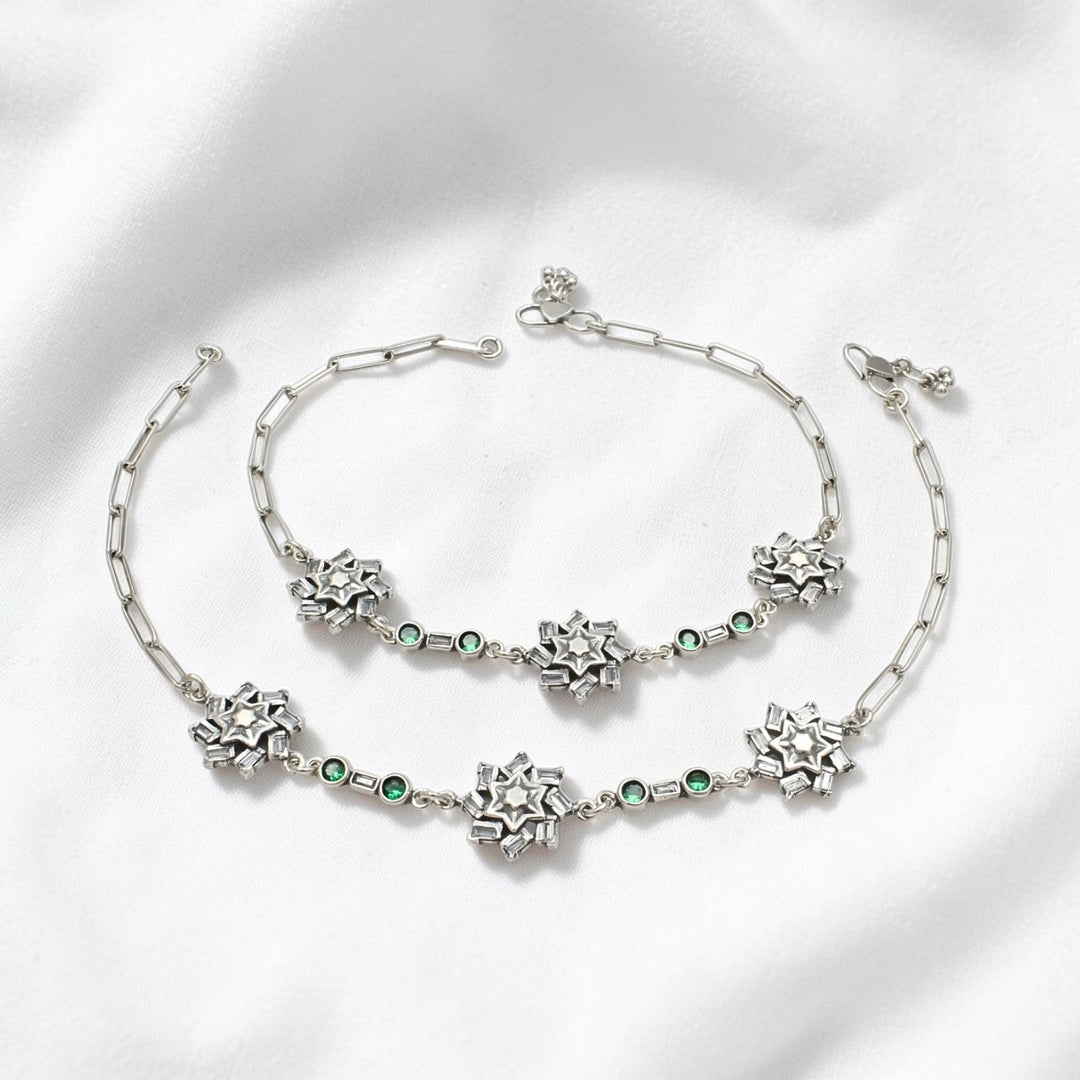Elegance 925 Sterling Silver Green White CZ Oxidised Anklet Pair 10.3"