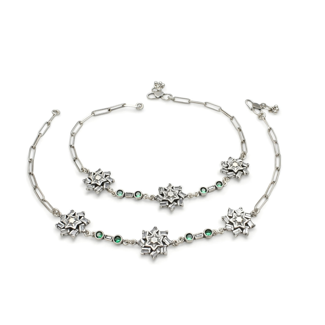 Elegance 925 Sterling Silver Green White CZ Oxidised Anklet Pair 10.3"