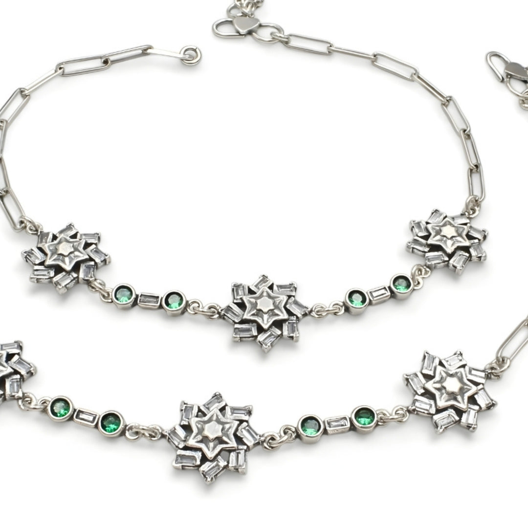 Elegance 925 Sterling Silver Green White CZ Oxidised Anklet Pair 10.3"