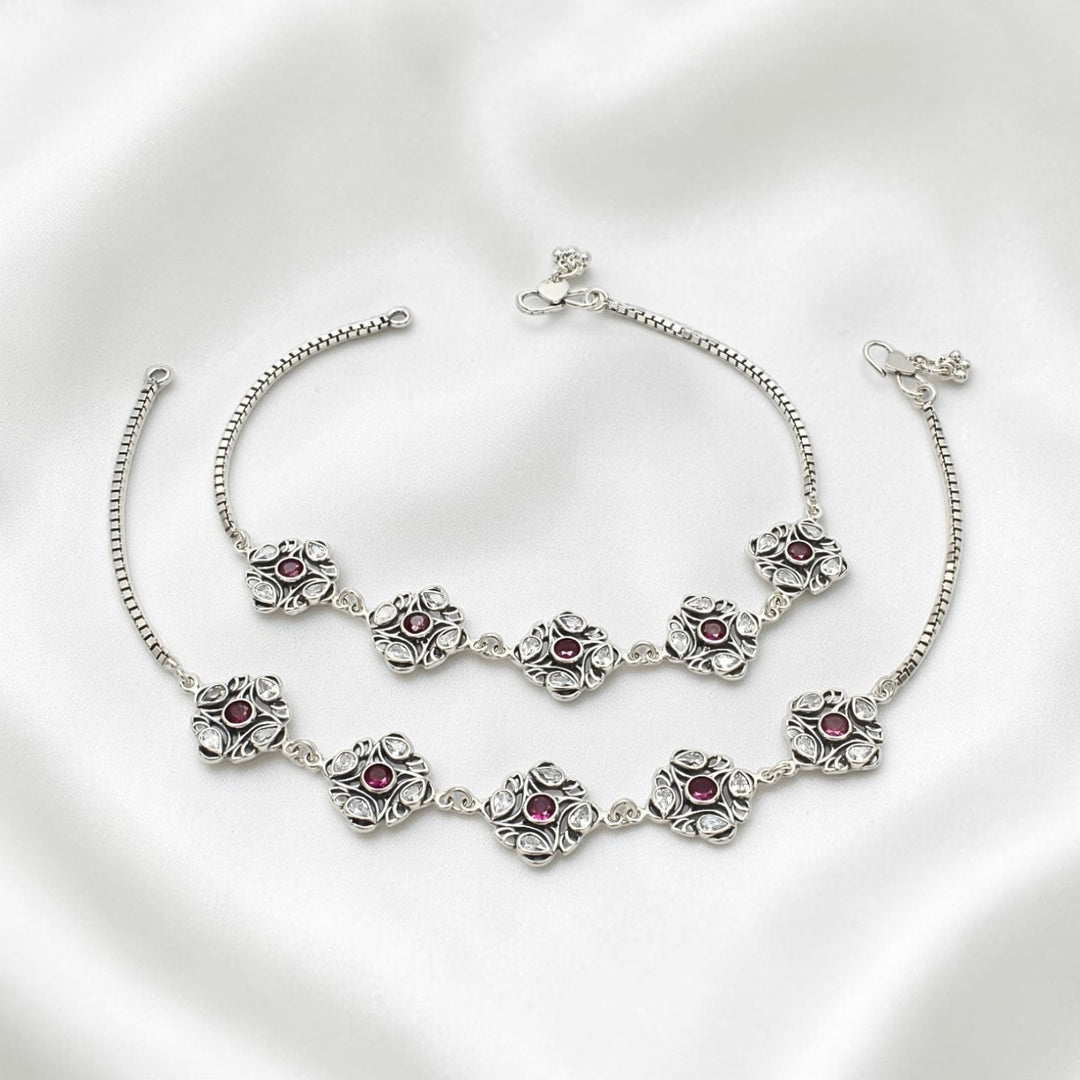 925 Sterling Silver Pink White CZ Oxidised amazing Anklet Pair 10.5"