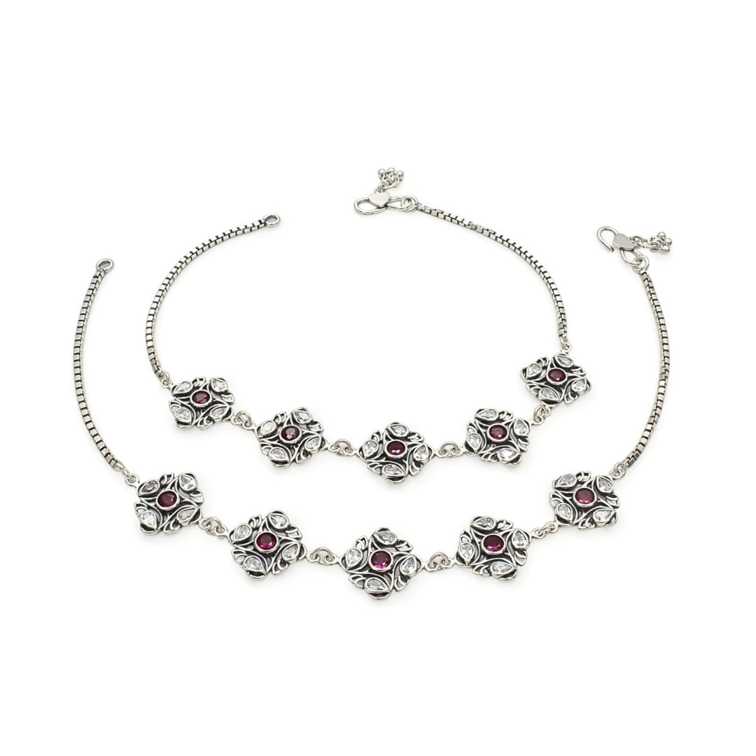 925 Sterling Silver Pink White CZ Oxidised amazing Anklet Pair 10.5"