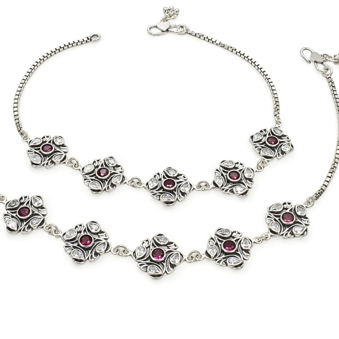 925 Sterling Silver Pink White CZ Oxidised amazing Anklet Pair 10.5"