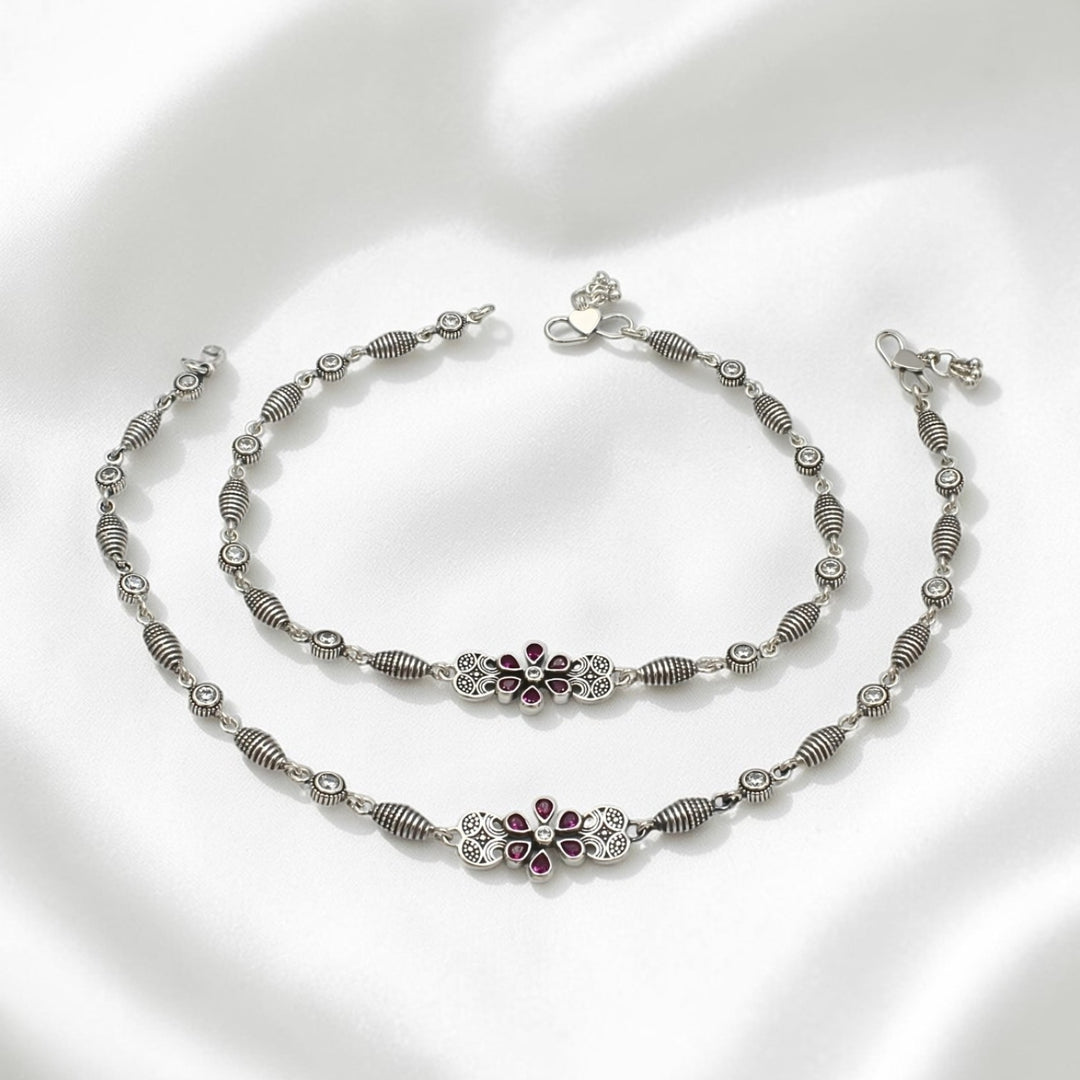 925 Sterling Silver Pink White CZ Oxidised gifting Anklet Pair 10.3"