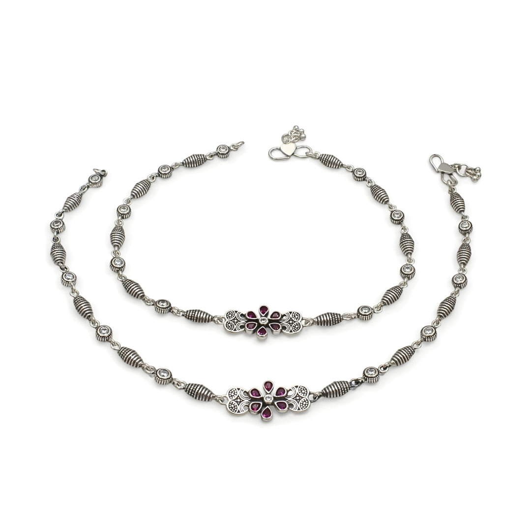 925 Sterling Silver Pink White CZ Oxidised gifting Anklet Pair 10.3"