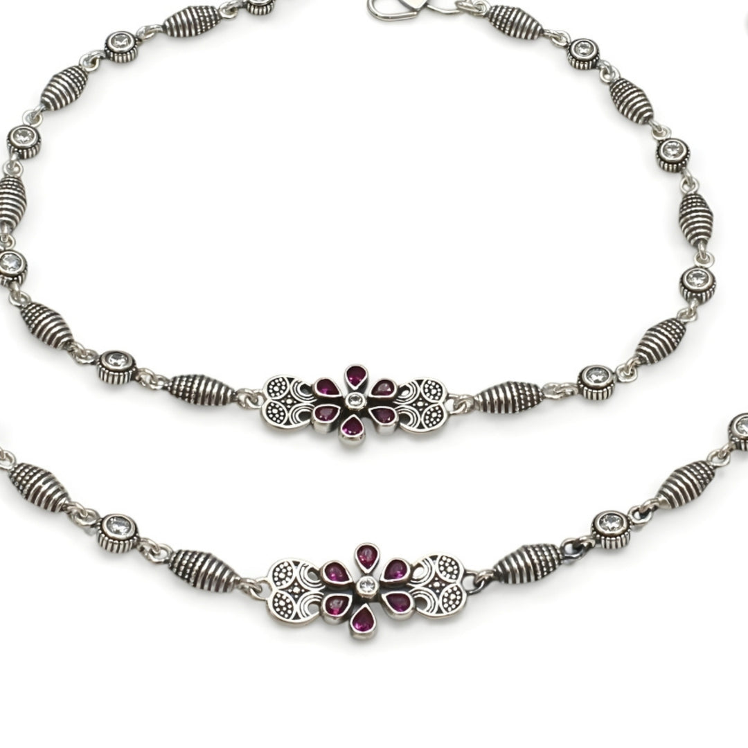 925 Sterling Silver Pink White CZ Oxidised gifting Anklet Pair 10.3"