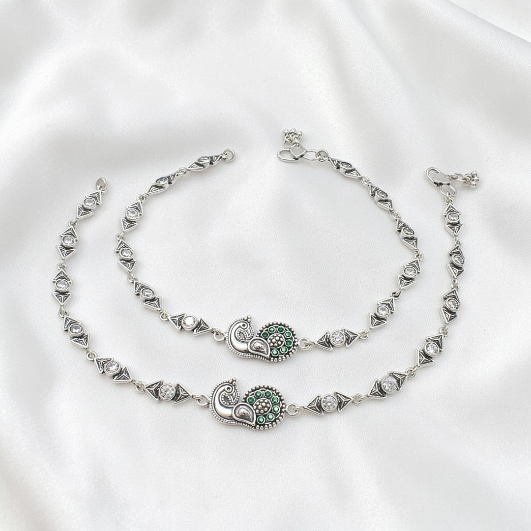 925 Sterling Silver Green White CZ Oxidised Peacock design Anklet Pair 10"