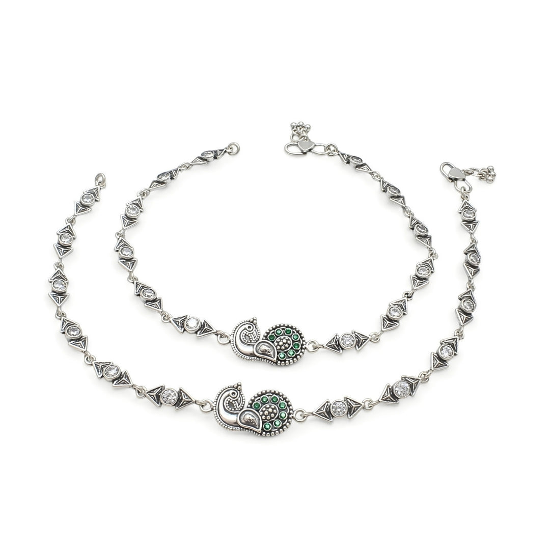 925 Sterling Silver Green White CZ Oxidised Peacock design Anklet Pair 10"