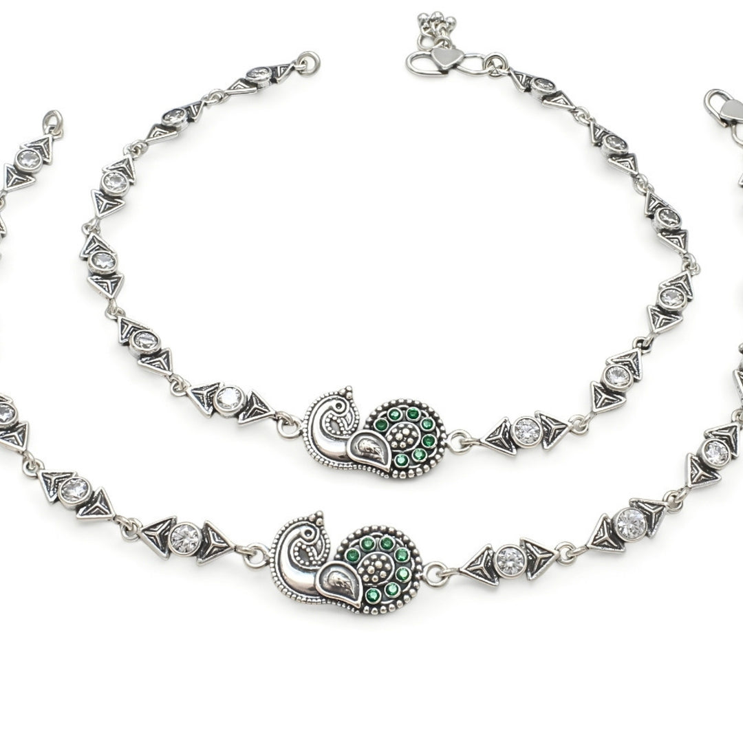 925 Sterling Silver Green White CZ Oxidised Peacock design Anklet Pair 10"