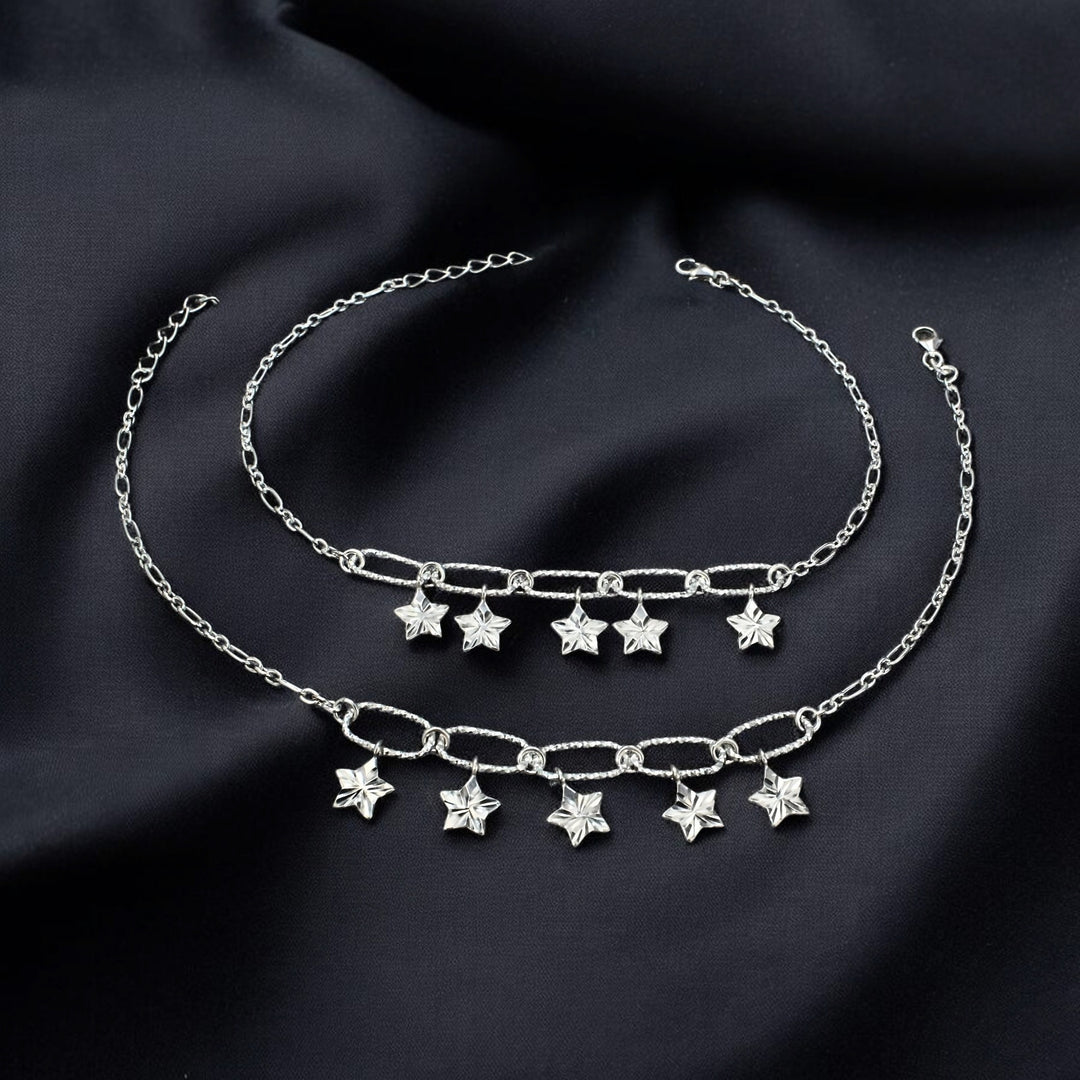 925 Sterling Silver Dazzling Stars Charm Chain Anklet Pair 10.5"