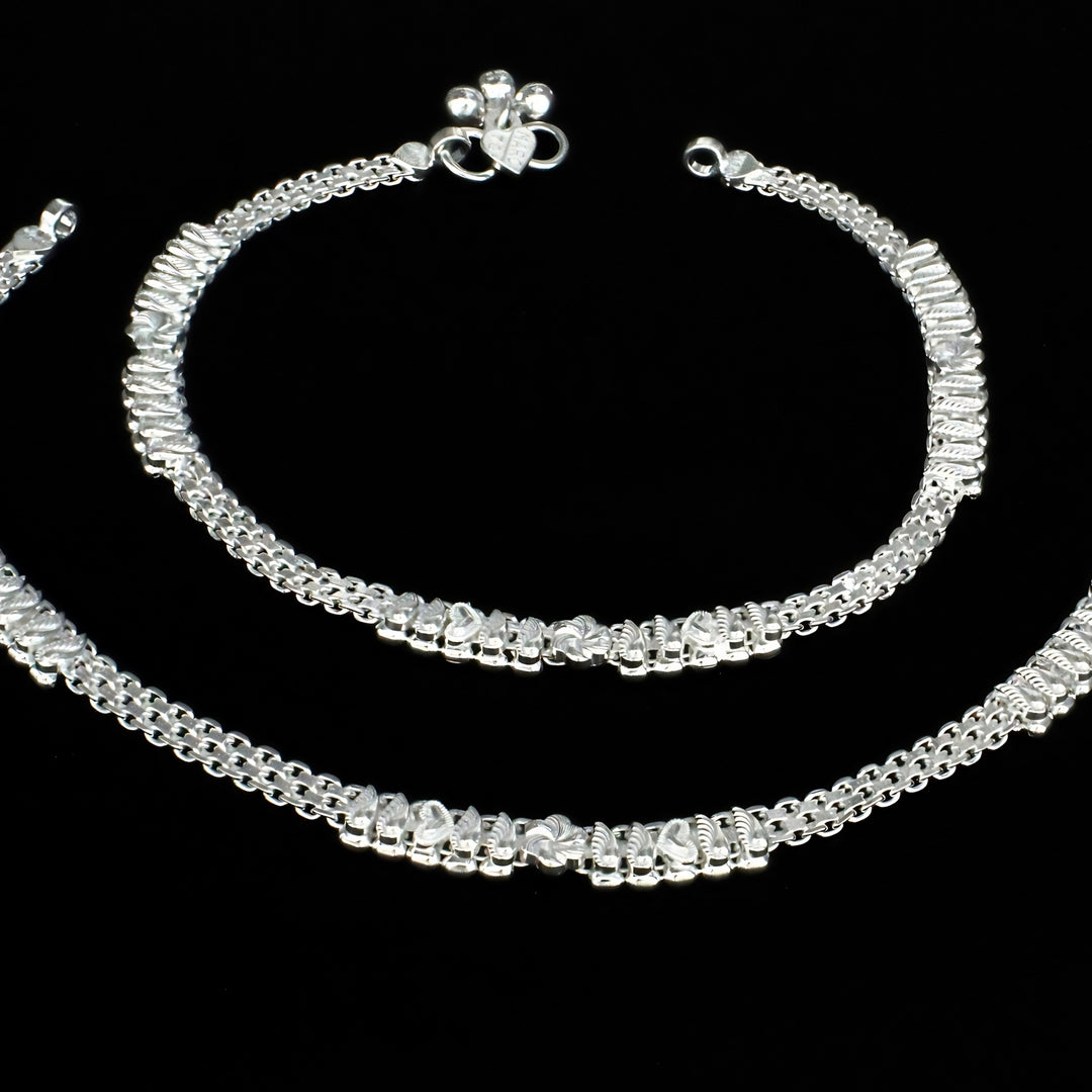 Real Silver Leaf and Flower design Women Anklet Pair 10.3"